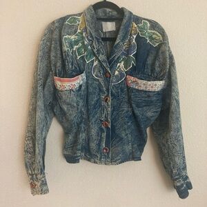 Vintage acid wash Floral Embroidered Denim Jacket